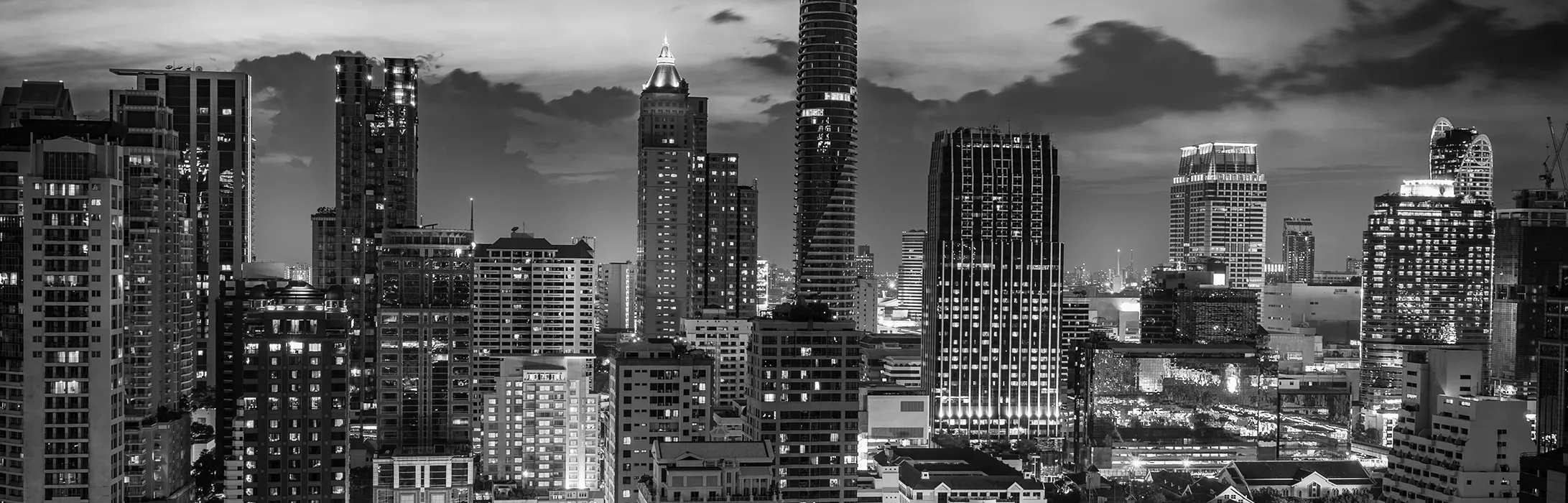 A city skyline at night
