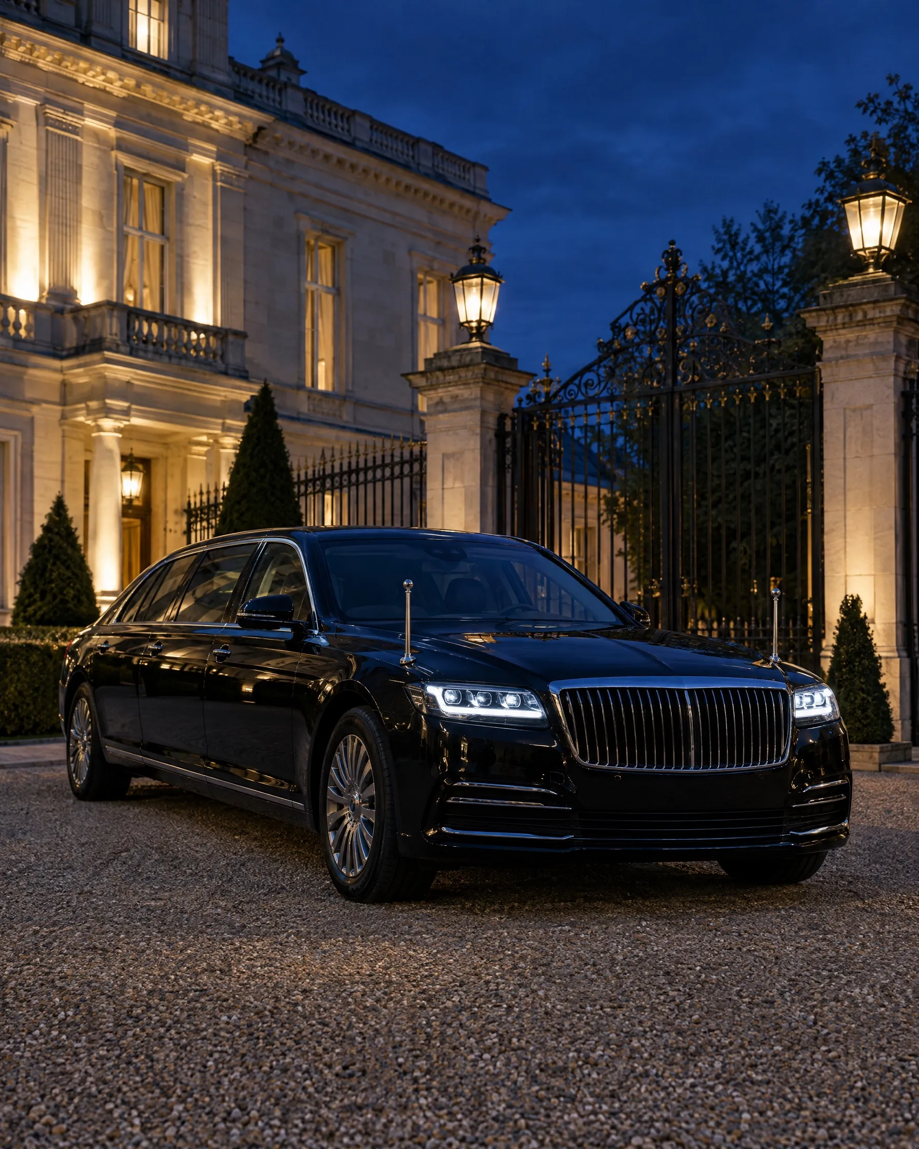 A black long-wheelbase saloon with empty flag staffs waiting in the forecourt of an embassy residence at night