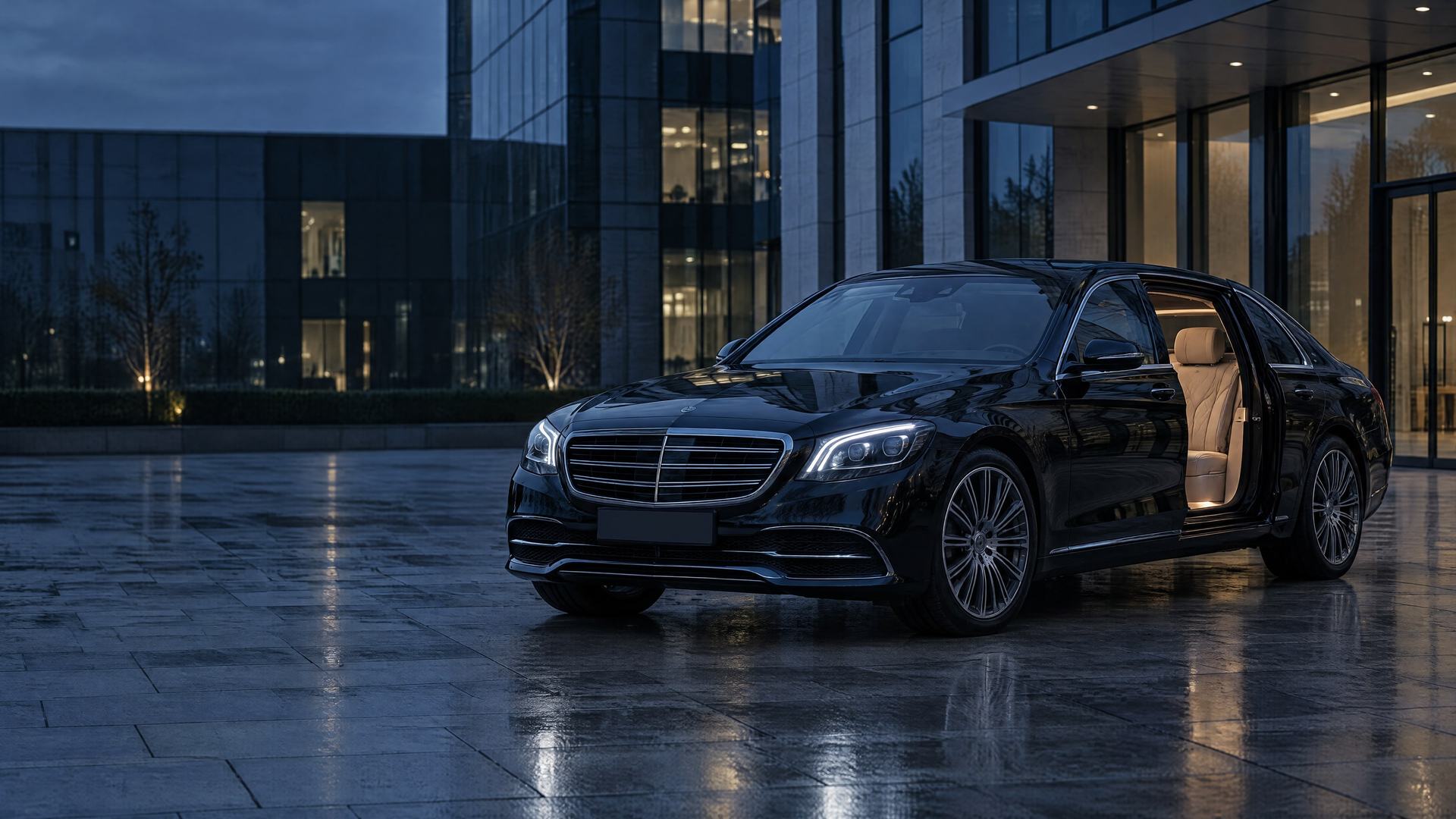 A black executive saloon waiting on a stone forecourt at dusk, its rear door open onto a softly lit cream leather cabin