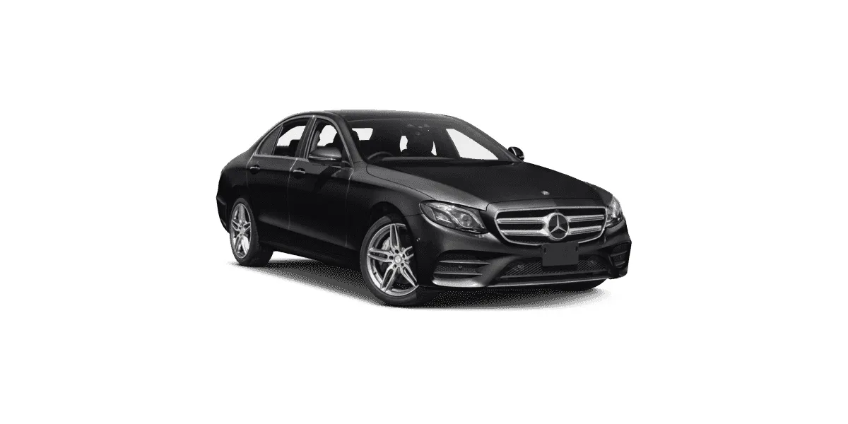 Black Mercedes-Benz E-Class saloon, three-quarter front view