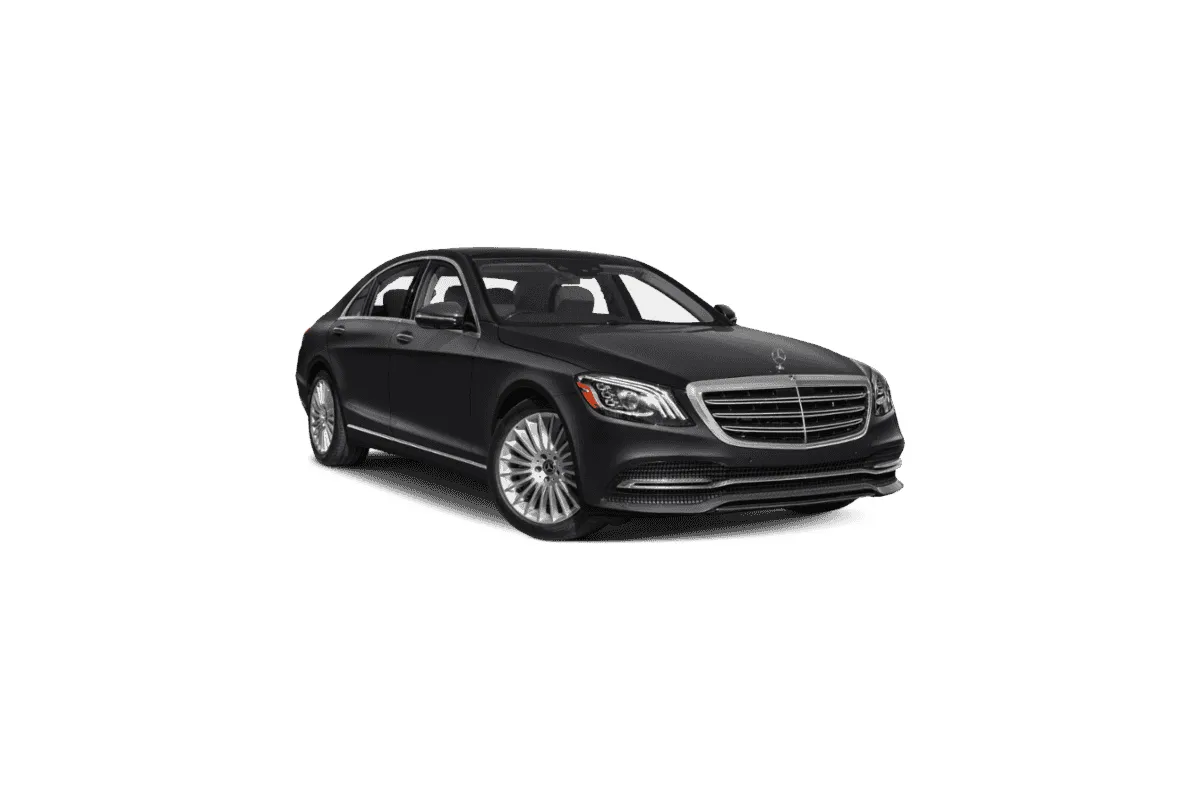 Black Mercedes-Benz S-Class saloon, three-quarter front view