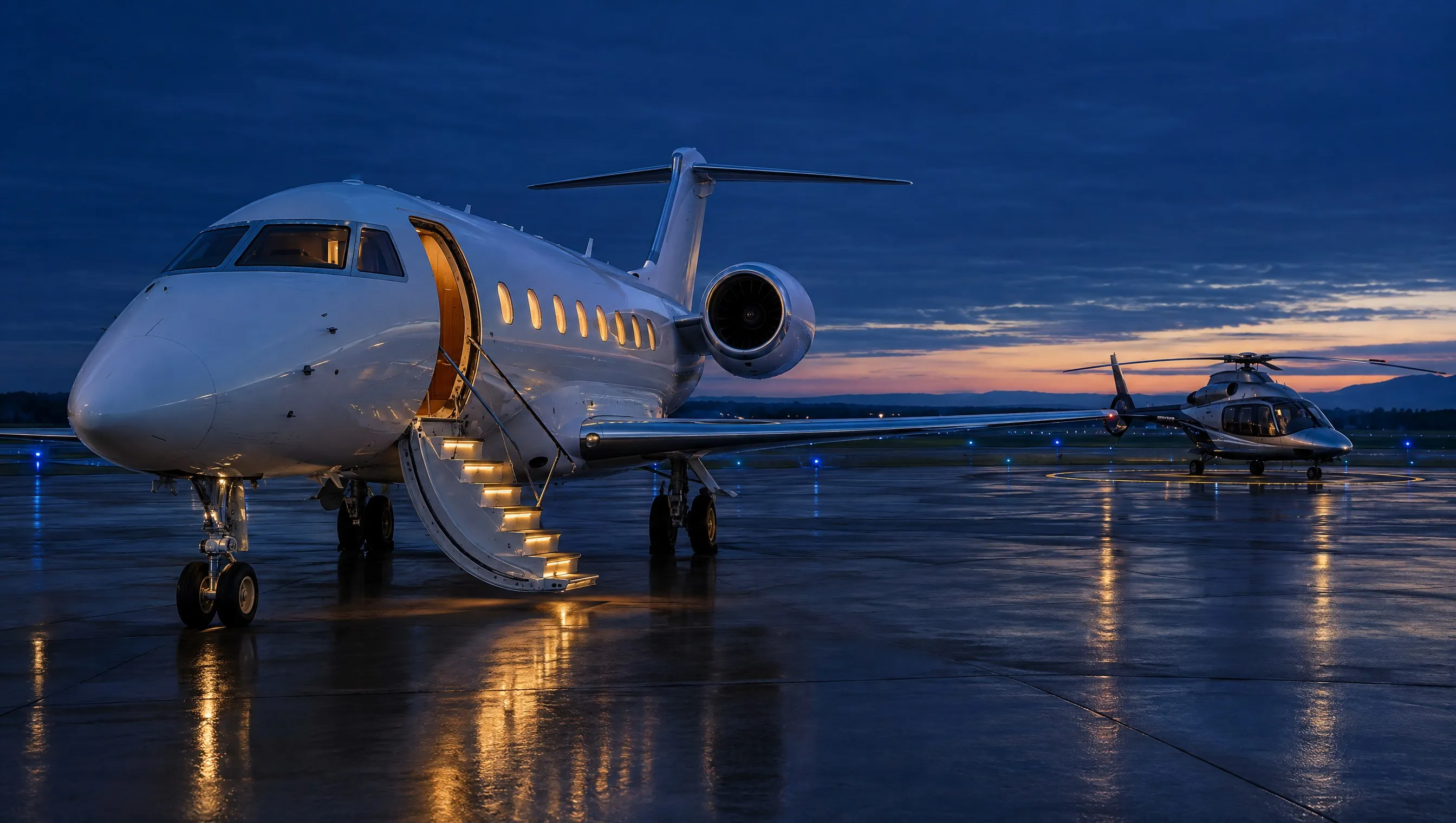 A private jet with its airstairs lowered on a wet apron at blue hour, a helicopter waiting on its pad beyond