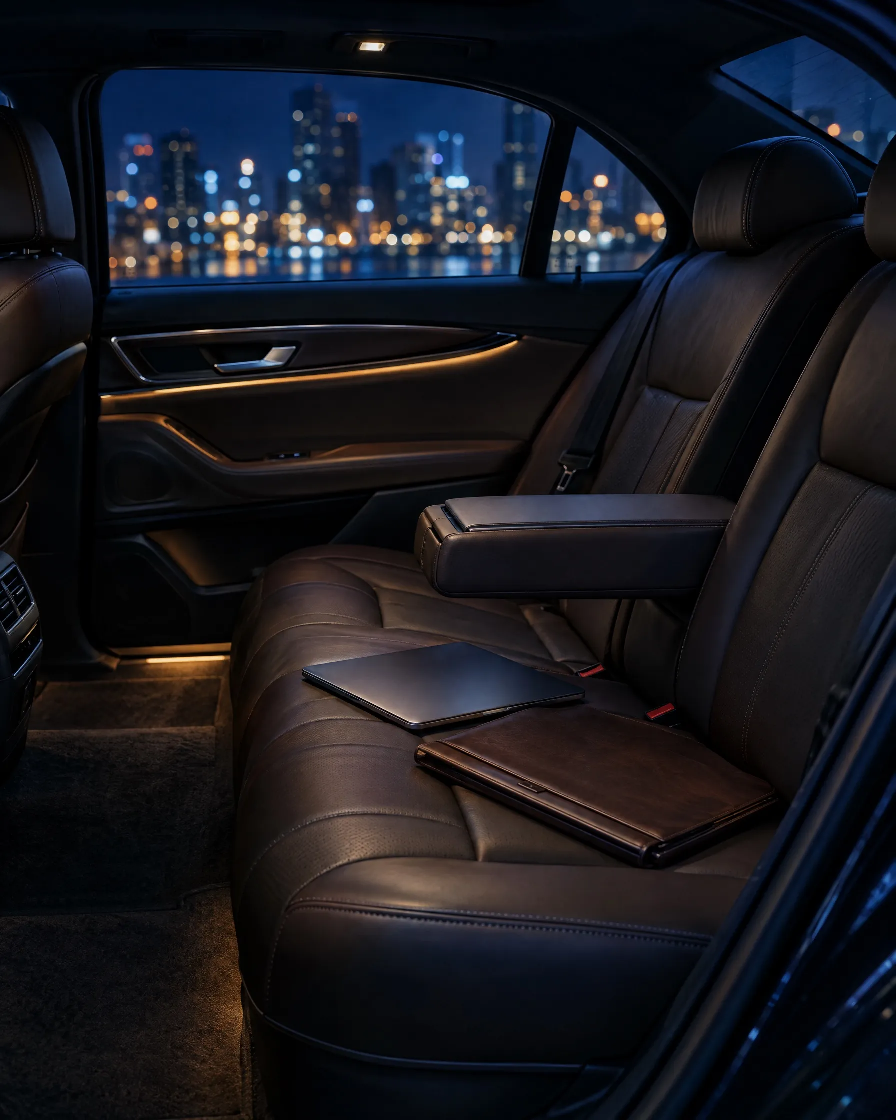 The rear cabin of an executive saloon at night: a leather seat with a laptop and document folio, city lights beyond the window