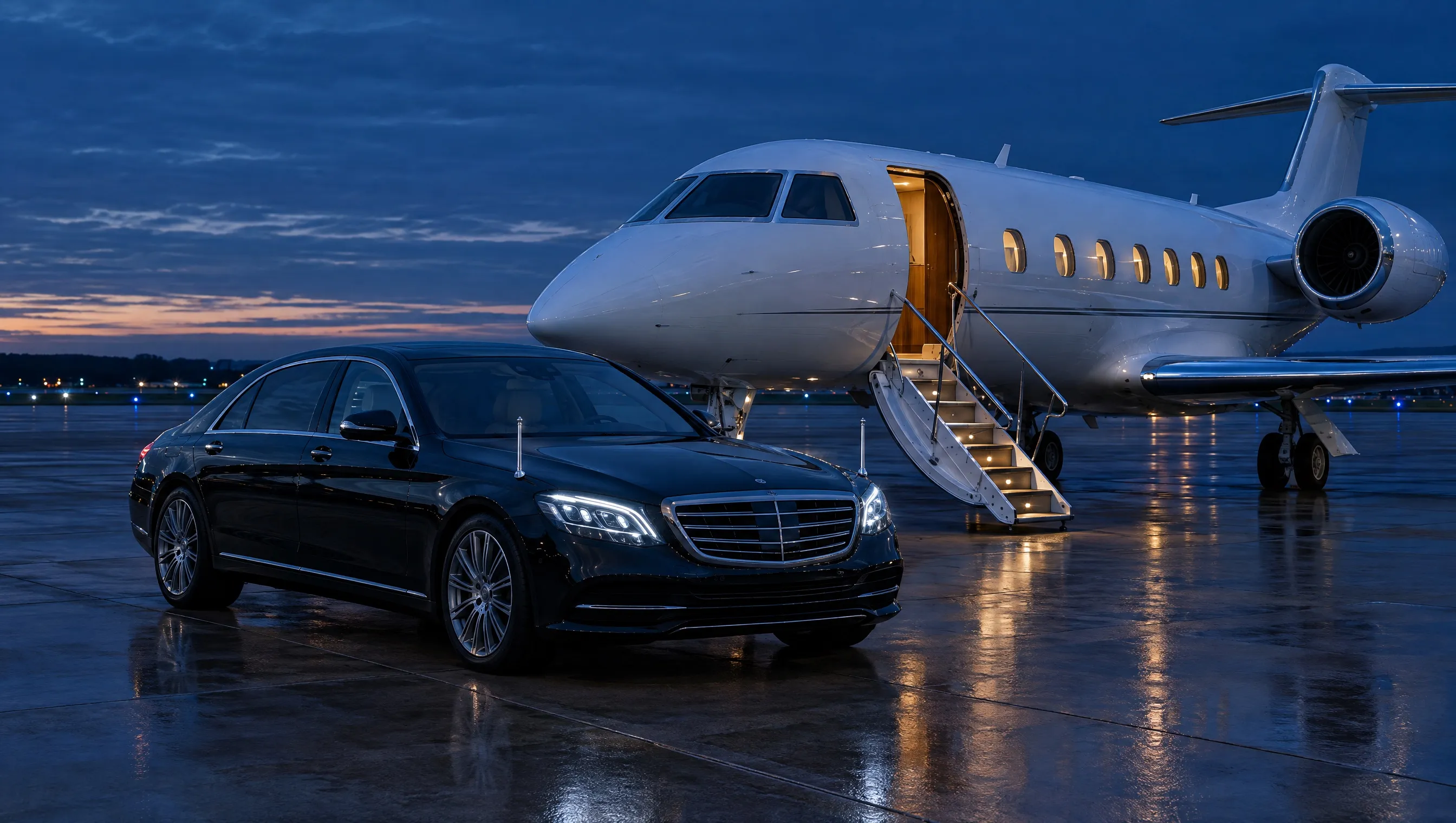 A black executive saloon waiting beside the boarding stairs of a private jet on the apron at dusk