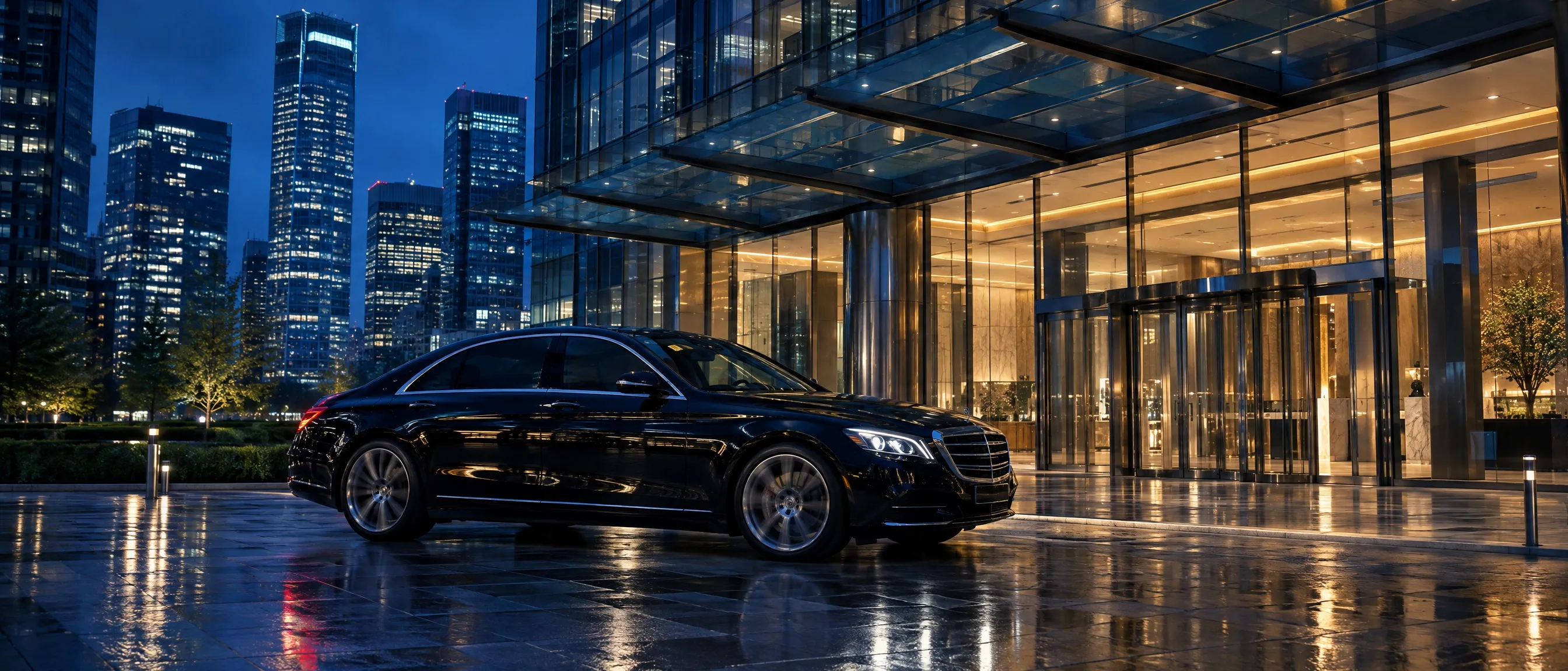 A black executive saloon pulling up beneath the glass canopy of an office tower lobby at night